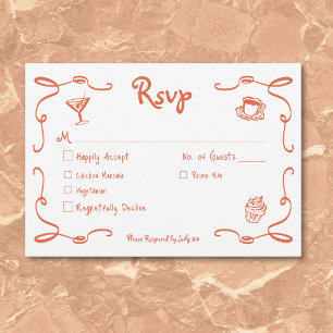 Whimsical Retro Hand Drawn Sunset Orange Wedding RSVP Card