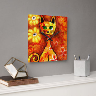 Whimsical Retro Kitty Cat Abstract Art Orange Square Wall Clock