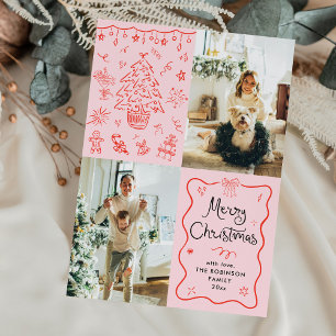 Whimsical Retro Merry Christmas Wavy Frame 2 Photo Holiday Card