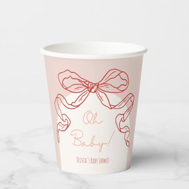 Whimsical Retro Orange Hand Drawn Bow Baby Shower Paper Cups (Front)