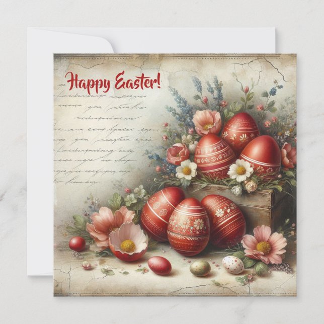 Whimsical retro red Easter eggs spring flowers Holiday Card (Front)