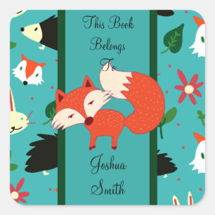 Whimsical Retro Red Fox Design Bookplate/Sticker Square Sticker