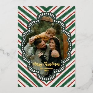 Whimsical Retro Red Green Stripe Holly Border  Foil Holiday Card