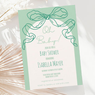 Whimsical Retro Sage Hand Drawn Bow Baby Shower Invitation
