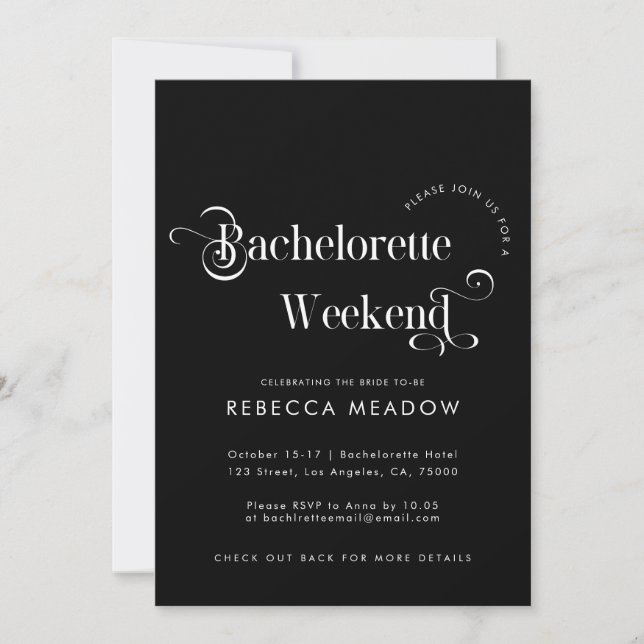 Whimsical Retro Script Black Bachelorette Party Invitation (Front)