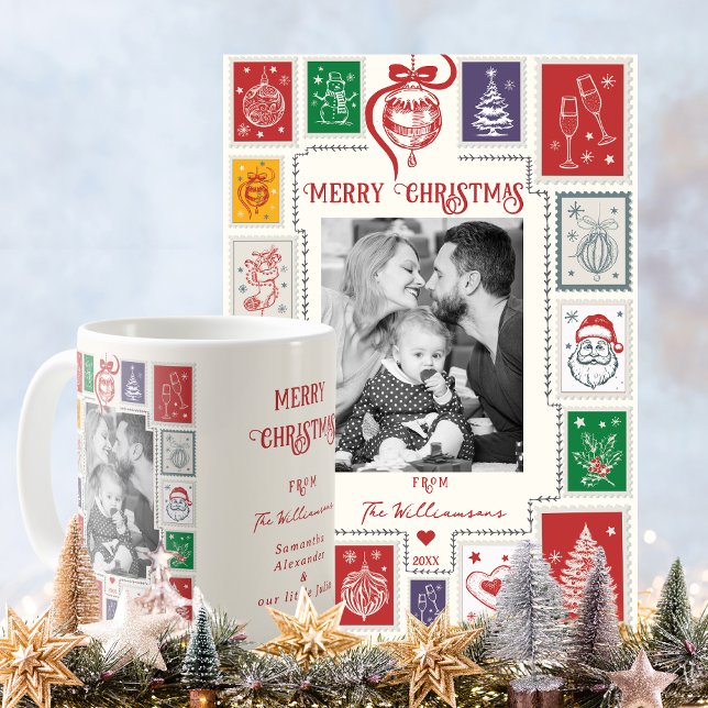 Whimsical Retro Stamp Christmas Illustration Photo Coffee Mug (Whimsical Retro Stamp Christmas Doodles Photo Coffee Mug, Holiday Card 1st Christmas Family BFF Gift)
