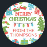 Whimsical Retro Tree & Gifts Merry Christmas From Classic Round Sticker<br><div class="desc">Whimsical Christmas gift stickers letting your friends and relatives know the Christmas gift is from you and your family. With a whimsical retro design inspired by quirky 50s cartoons, the Merry Christmas sticker features Christmas trees, wrapped Christmas gifts, holly, an elf hat, elf shoes and colourful Christmas lights. Personalize with...</div>