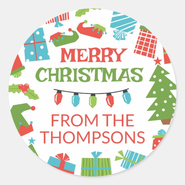 Whimsical Retro Tree & Gifts Merry Christmas From Classic Round Sticker (Front)