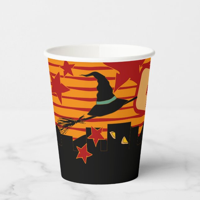 Whimsical Retro Witch Hat Over Skyline Halloween Paper Cups (Left)