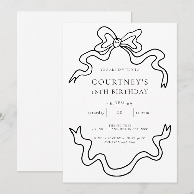 Whimsical Ribbon Bow 18th Birthday Party Invitation (Front/Back)