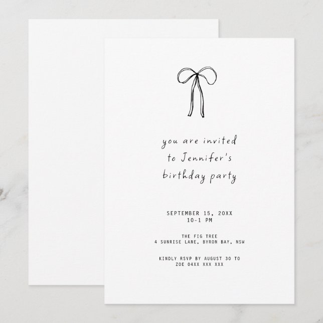 Whimsical Ribbon Bow Birthday Party Invitation (Front/Back)