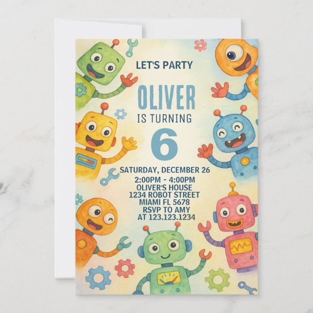 Whimsical Robot Birthday Invitation for Kids (Front)