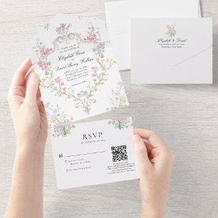 Whimsical Rococo Floral Crest Wedding QR Code Rsvp All In One Invitation
