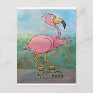Whimsical Roller Skating Roller Blading Flamingo Postcard