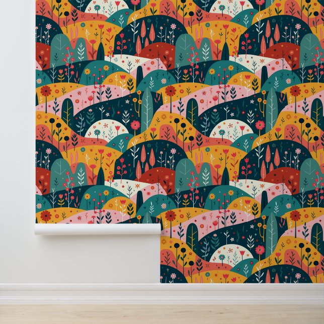 Whimsical Rolling Hills Garden - Colourful Folk Ar Wallpaper (Application)