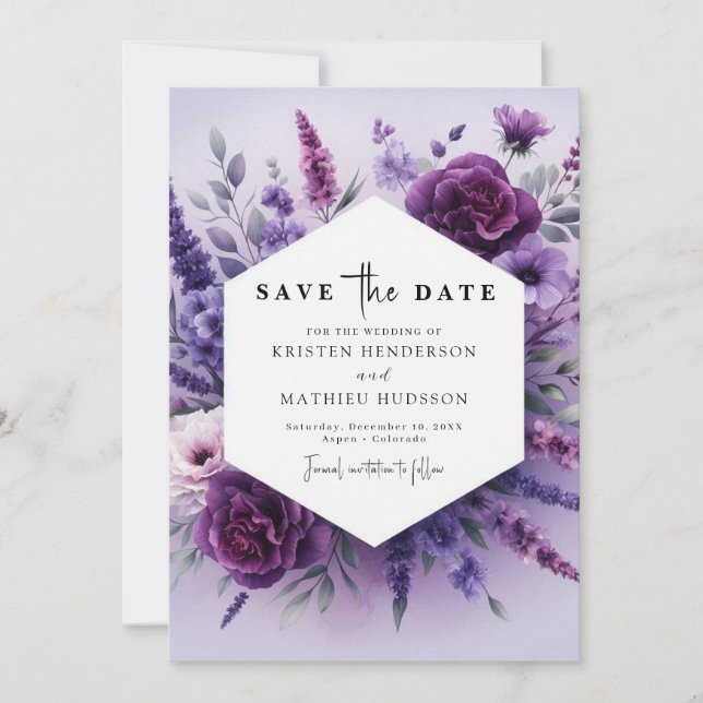 Whimsical Romance Purple Floral Wedding Save The Date (Front)