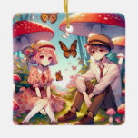 Whimsical Romantic Anime Couple  Ceramic Ornament<br><div class="desc">Personalized Christmas ornament for couples. Romantic keepsake gift. Add names and year in the personalize area. Anime boy and girl in love sitting in a batch of vintage mushrooms and flowers with butterflies flying in the background.</div>