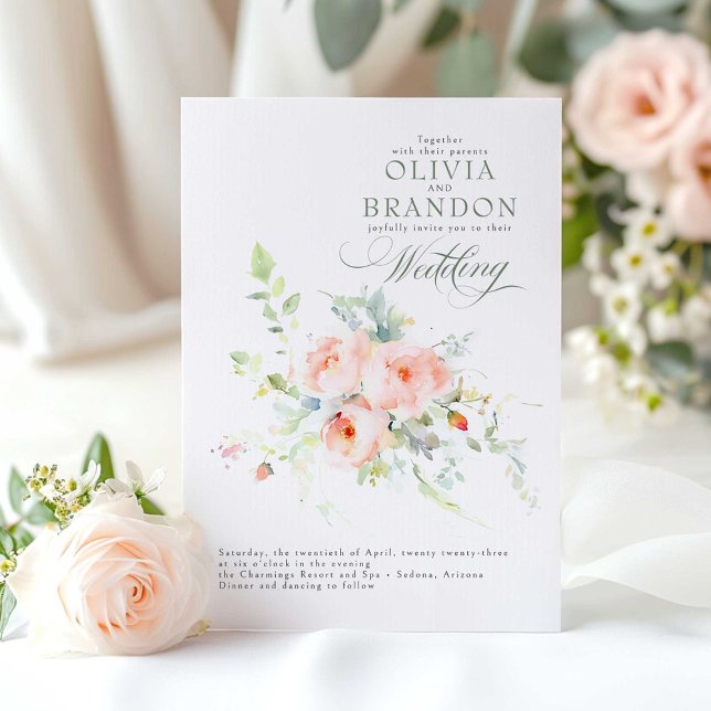 Whimsical Romantic Blush Pink Floral Wedding Invitation (Pink Floral Wedding Invitation)