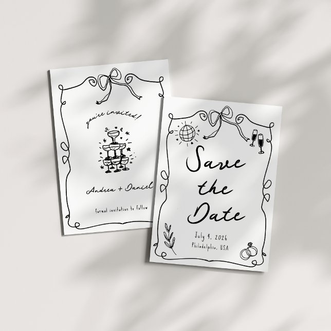 Whimsical Romantic Hand drawn Black White Wedding  Save The Date (Creator Uploaded)