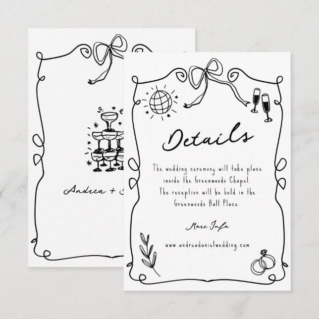Whimsical Romantic Hand drawn Wedding Details Enclosure Card (Front/Back)