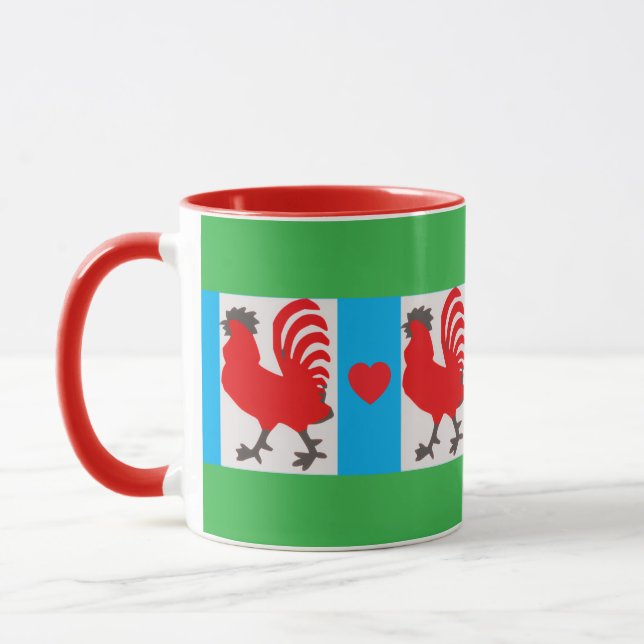 Whimsical Rooster Mug – Red, Blue, Green & Black (Left)