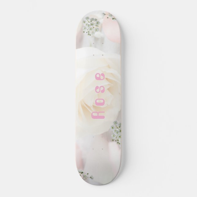 Whimsical Rose and White Floral Skateboard (Front)
