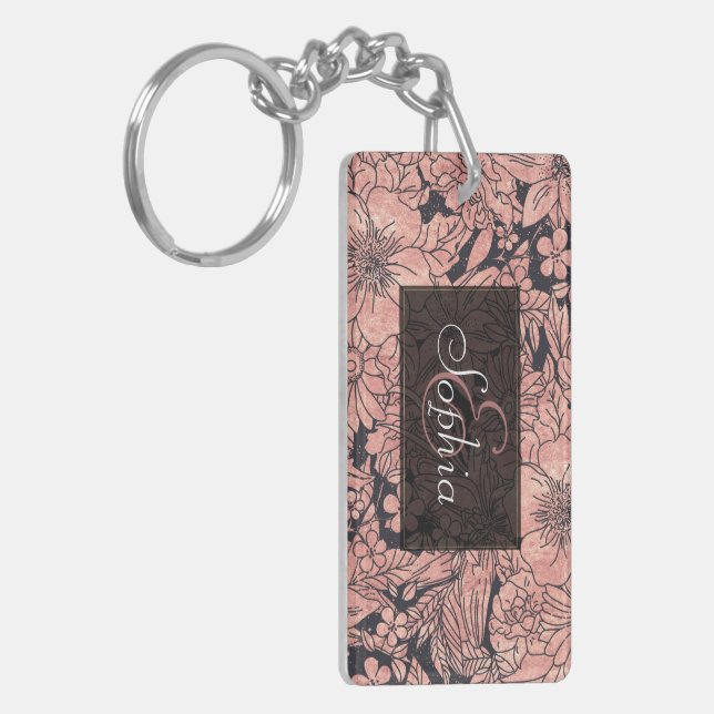 Whimsical rose gold hand drawn floral image keychain (Front Left)