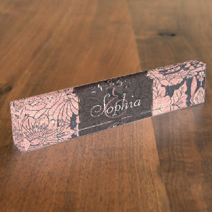 Whimsical rose gold hand drawn floral image nameplate