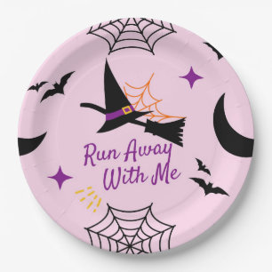 Whimsical "Run Away With Me" Halloween Witch & Bat Paper Plate