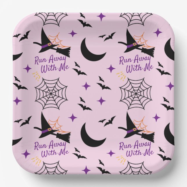 Whimsical "Run Away With Me" Halloween Witch & Bat Paper Plate