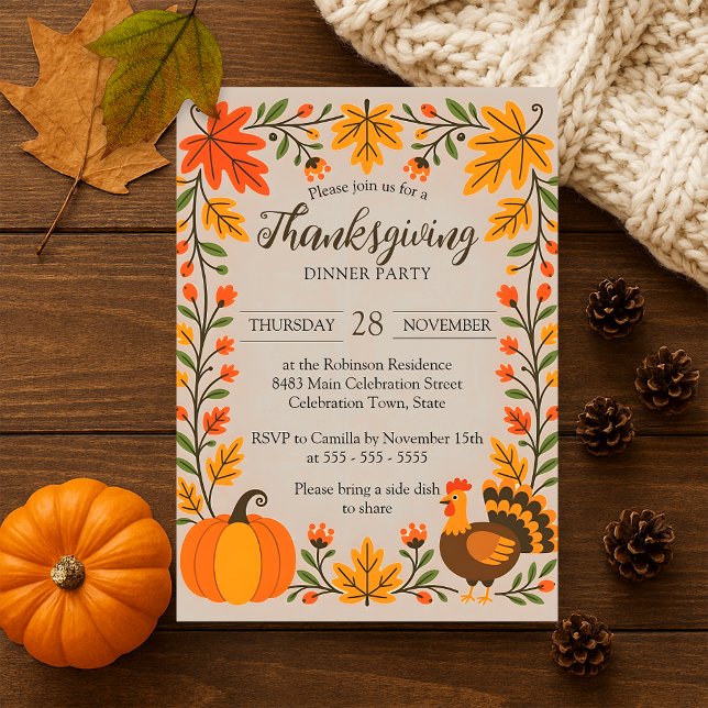 Whimsical Rustic Autumn Leaves Thanksgiving Dinner Invitation (Creator Uploaded)
