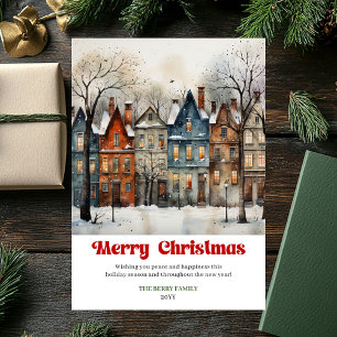 Whimsical rustic Christmas scene bright city art  Holiday Card