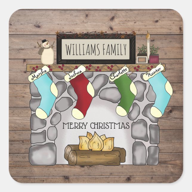 Whimsical Rustic Country Home & Hearth Name Square Sticker (Front)