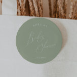 Whimsical Sage Green Baby Shower 2 Inch Round Button<br><div class="desc">Introducing our whimsical sage green baby shower button, perfect for your simple modern boho celebration any season of the year! This button has a boho-chic, gender-neutral vibe with elegant calligraphy and a delicate minimalist design, making it ideal for both girls and boys. Plus, it's editable, so you can add your...</div>