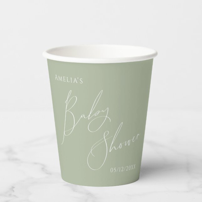 Whimsical Sage Green Baby Shower Paper Cups (Front)