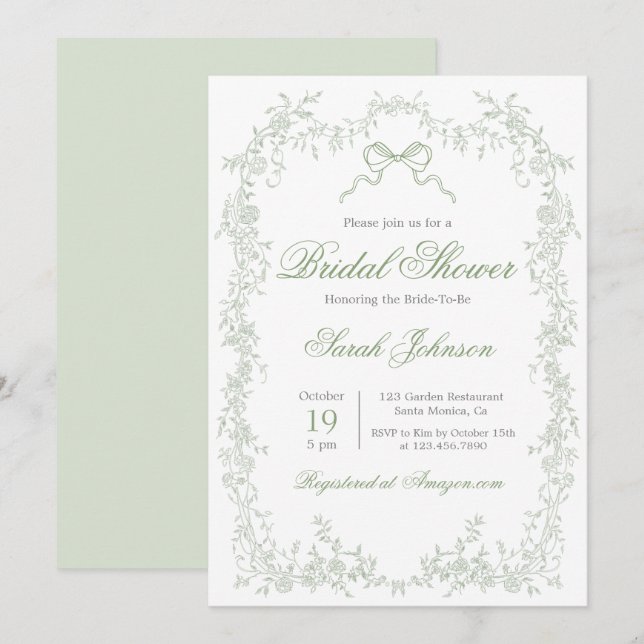 Whimsical Sage Green Bridal Shower Invitation (Front/Back)