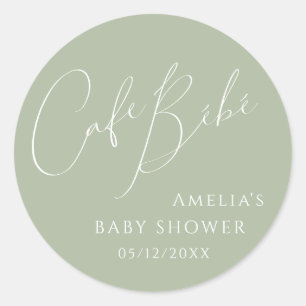 Whimsical Sage Green Cafe Bébé Shower 1 1/2" Classic Round Sticker