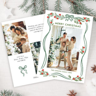 Whimsical Sage Green Christmas Bow Ribbon 3 Photo Holiday Card