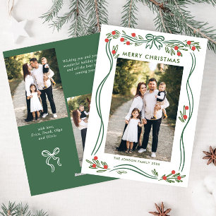 Whimsical Sage Green Christmas Bow Ribbon 3 Photo Holiday Card