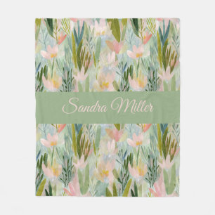 Whimsical Sage Green Floral Personalized Fleece Blanket