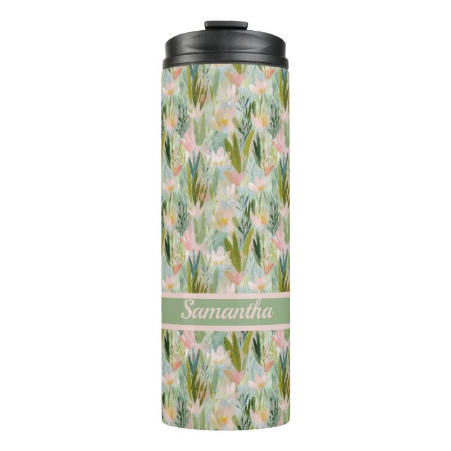 Whimsical Sage Green Floral Personalized  Thermal Tumbler (Front)