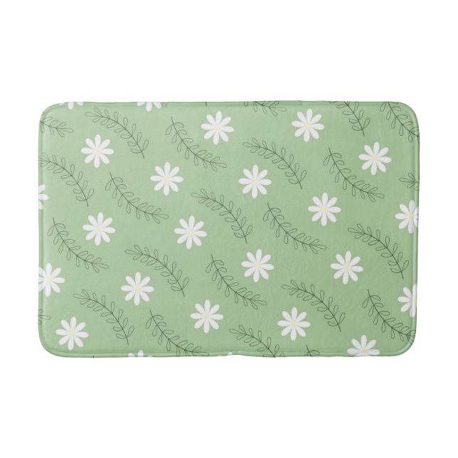 Whimsical Sage Green Floral Retro, Cheerful Bath Mat (Front)