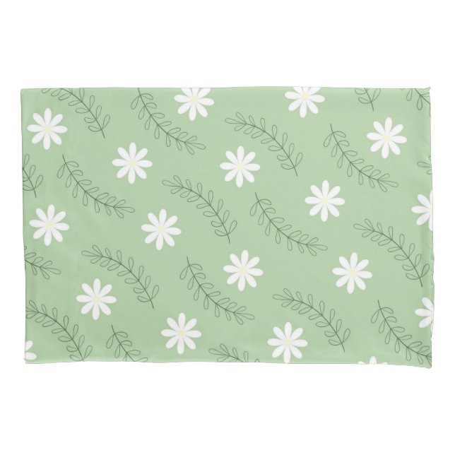 Whimsical Sage Green Floral Retro, Cheerful Pillowcase (Front)