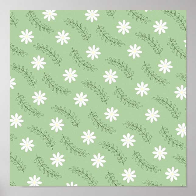 Whimsical Sage Green Floral Retro, Cheerful Poster (Front)