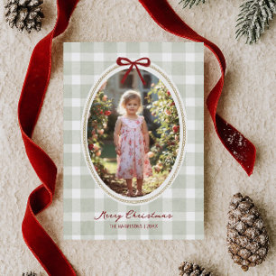 Whimsical Sage Green Gingham Holiday Card