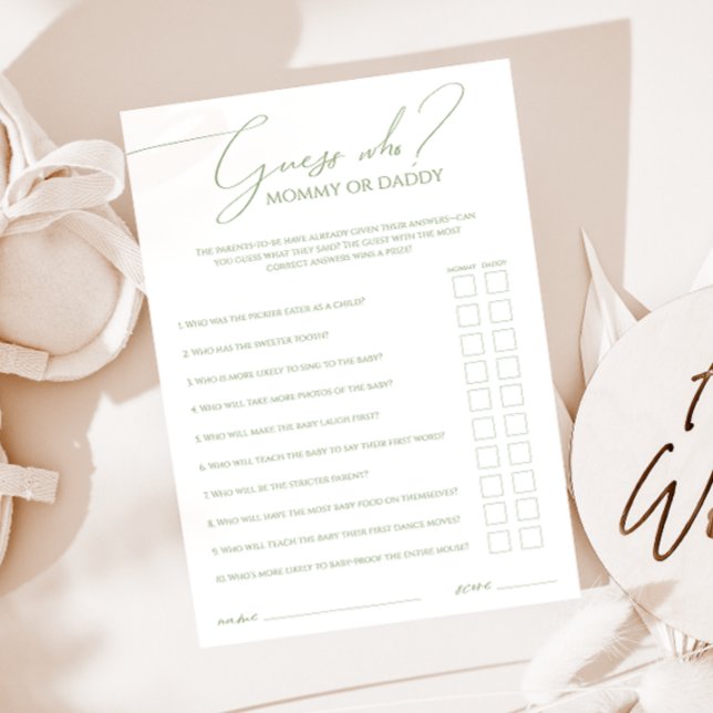 Whimsical Sage Green Guess Who Mommy Or Daddy Card (Creator Uploaded)