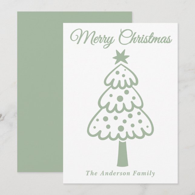 Whimsical Sage Green Hand Drawn Christmas Tree Holiday Card (Front/Back)