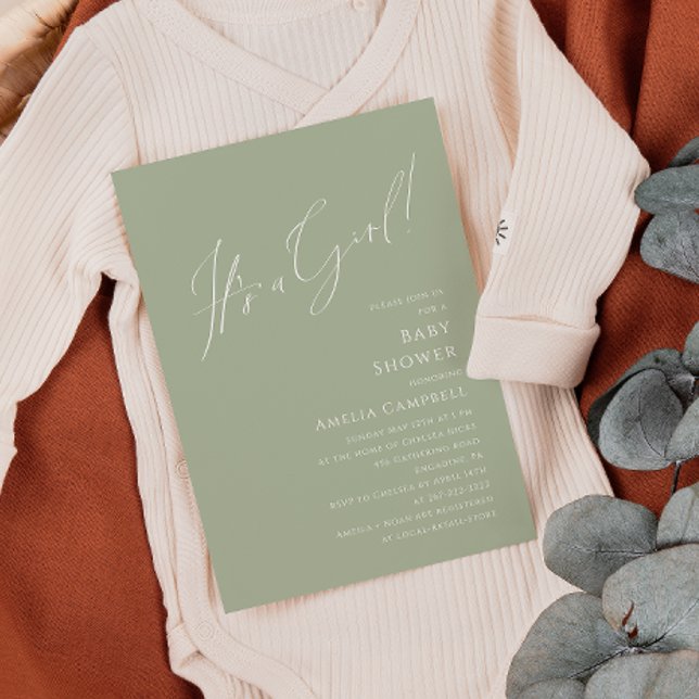 Whimsical Sage Green It's a Girl Baby Shower  Invitation (Creator Uploaded)