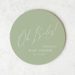 Whimsical Sage Green Oh Baby Round Paper Coaster<br><div class="desc">Introducing our whimsical sage green oh baby round paper coaster, perfect for your simple modern boho celebration any season of the year! This coaster has a boho-chic, gender-neutral vibe with elegant calligraphy and a delicate minimalist design, making it ideal for both girls and boys. Plus, it's editable, so you can...</div>