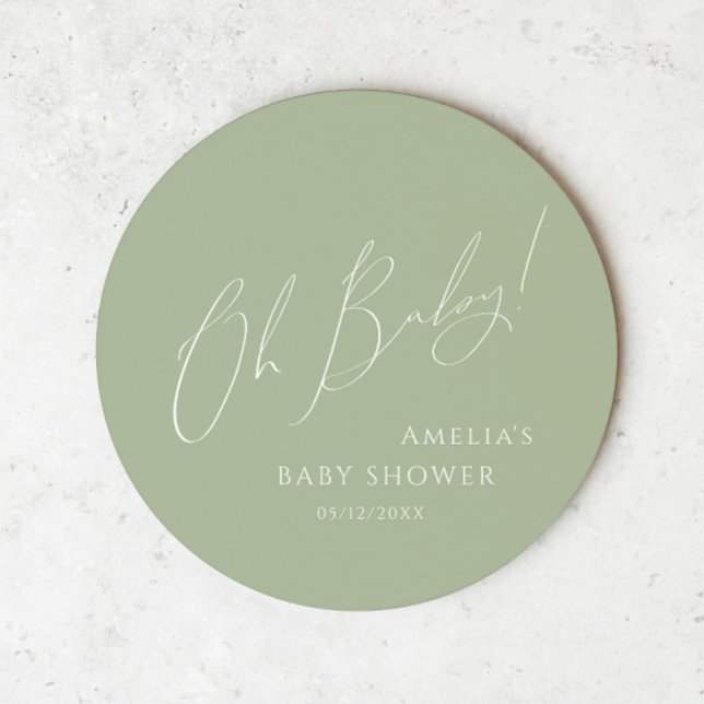 Whimsical Sage Green Oh Baby Round Paper Coaster (Creator Uploaded)